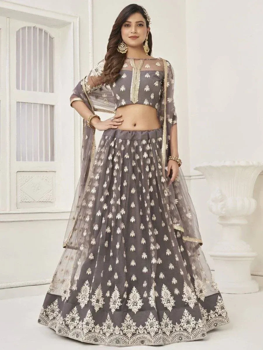 Grey embroidered lehenga choli with sheer dupatta, Indian ethnic wear for weddings and parties