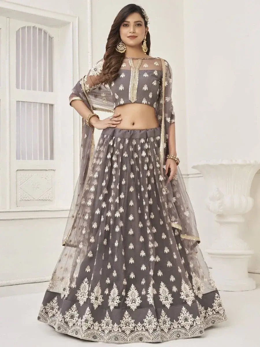 Enchanting Grey Embroidered Net Lehenga Choli With Dupatta