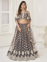 Enchanting Grey Embroidered Net Lehenga Choli With Dupatta