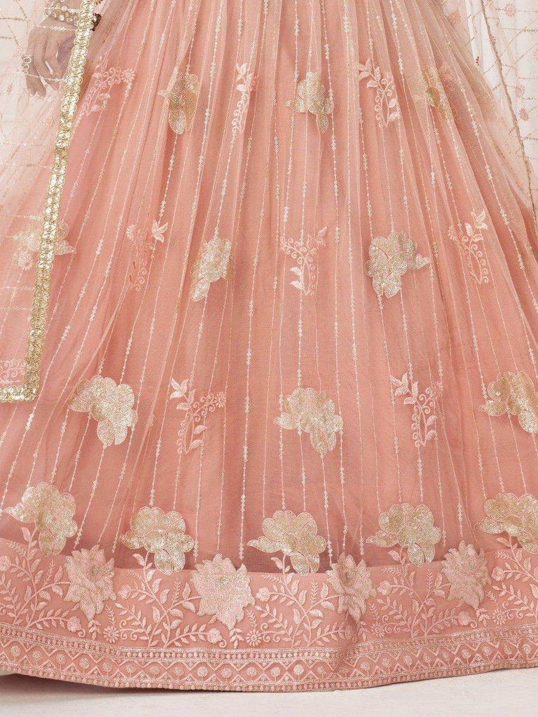 Fascinating Peach Sequin Net Bridesmaid Lehenga Choli With Dupatta