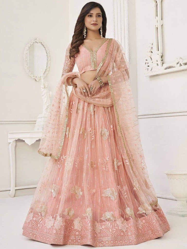 Fascinating Peach Sequin Net Bridesmaid Lehenga Choli With Dupatta