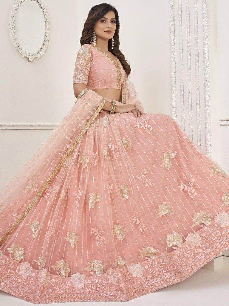 Fascinating Peach Sequin Net Bridesmaid Lehenga Choli With Dupatta