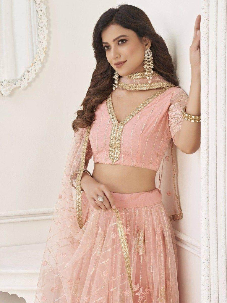 Fascinating Peach Sequin Net Bridesmaid Lehenga Choli With Dupatta