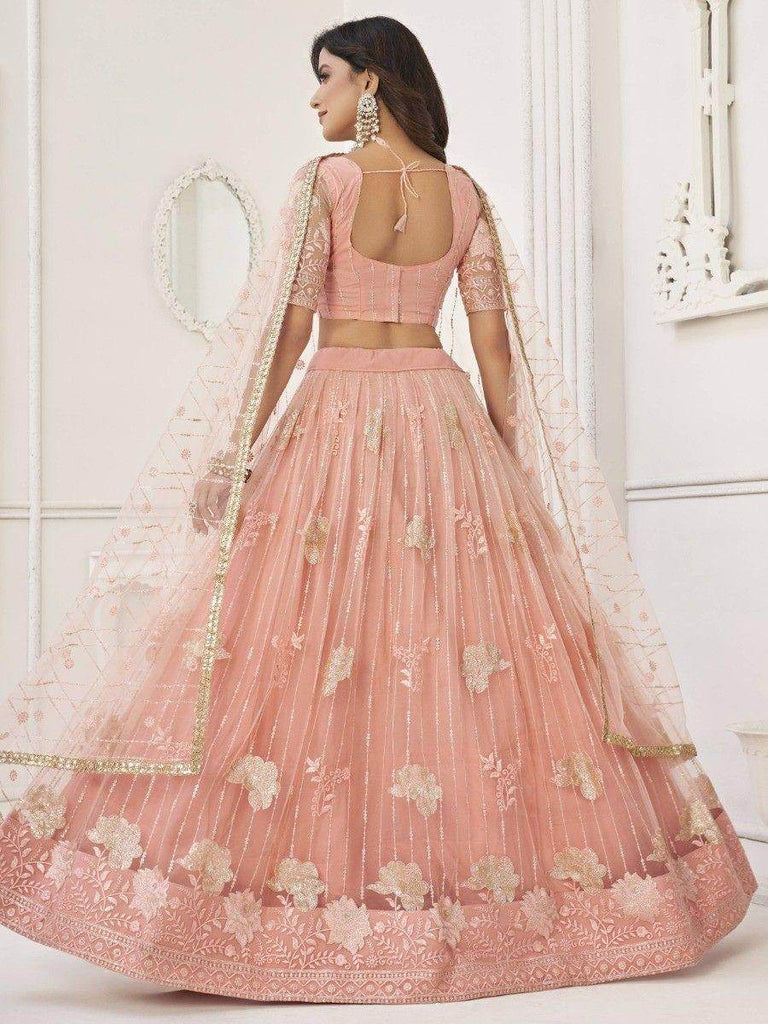 Fascinating Peach Sequin Net Bridesmaid Lehenga Choli With Dupatta