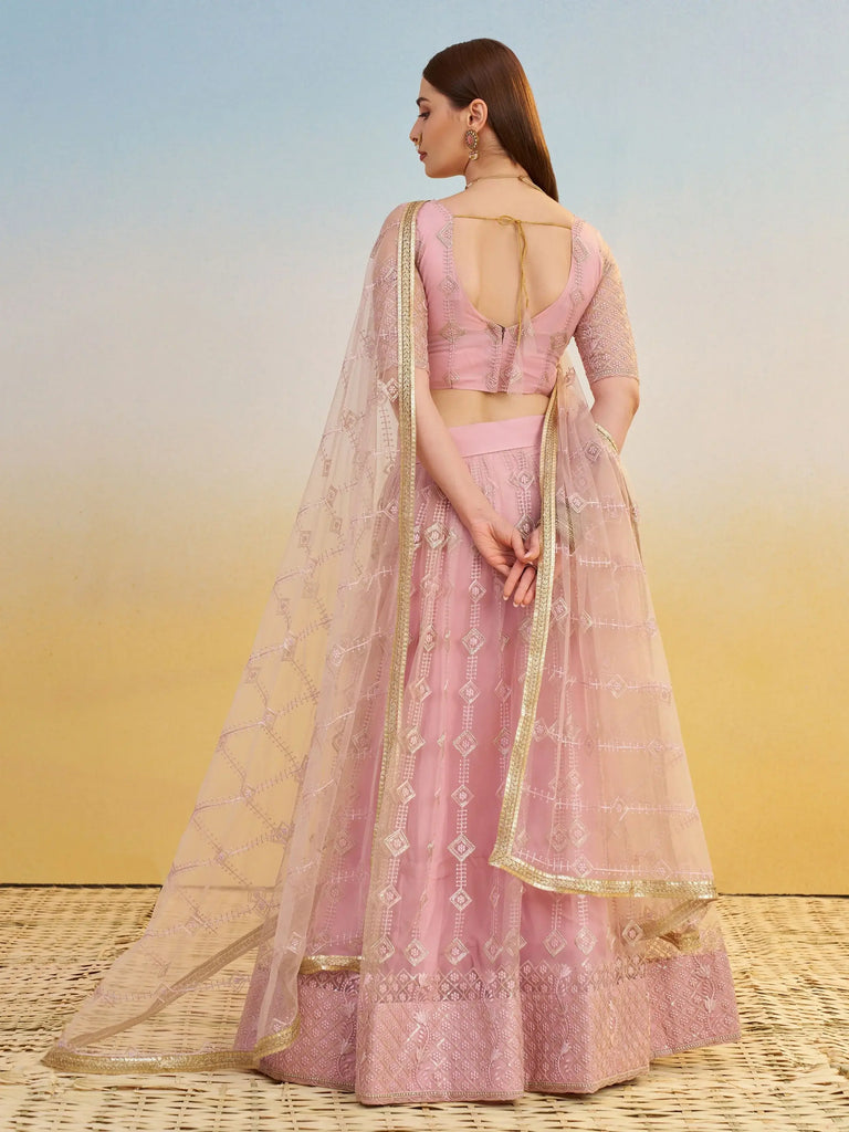 Delicate Baby Pink Net Sequins Embroidered Bridesmaids Lehenga Choli