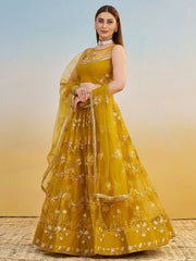 Sweet Mustard Yellow Thread Embroidered Net Haldi Wear Lehenga Choli