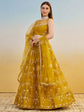 Sweet Mustard Yellow Thread Embroidered Net Haldi Wear Lehenga Choli