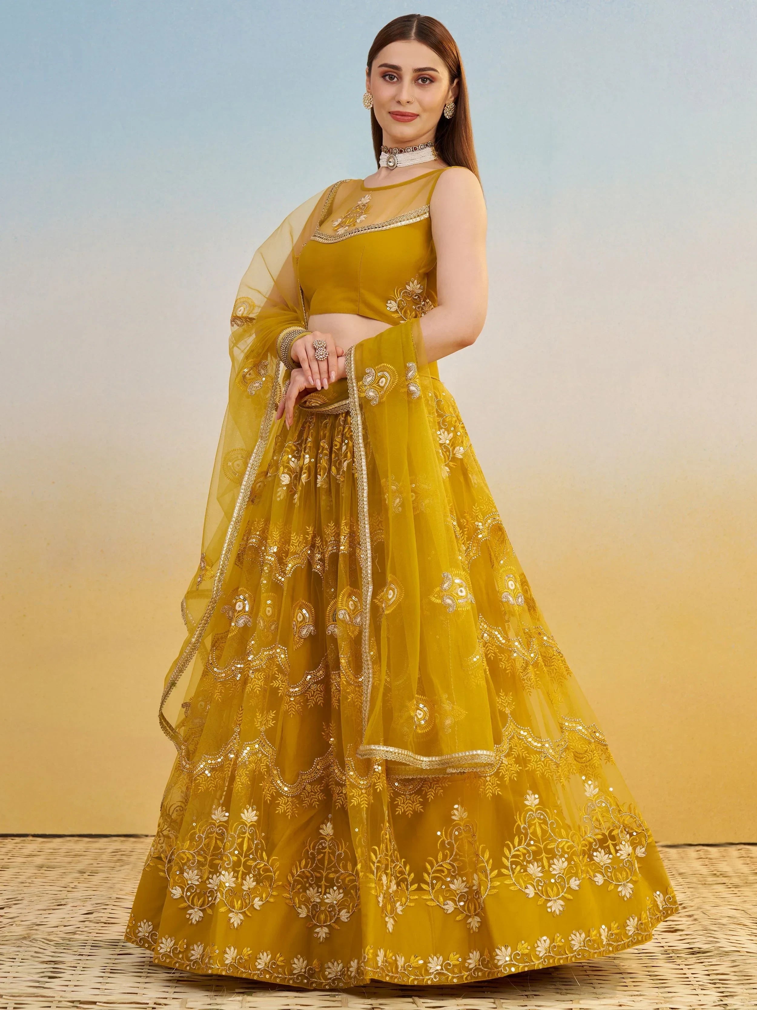 Sweet Mustard Yellow Thread Embroidered Net Haldi Wear Lehenga Choli