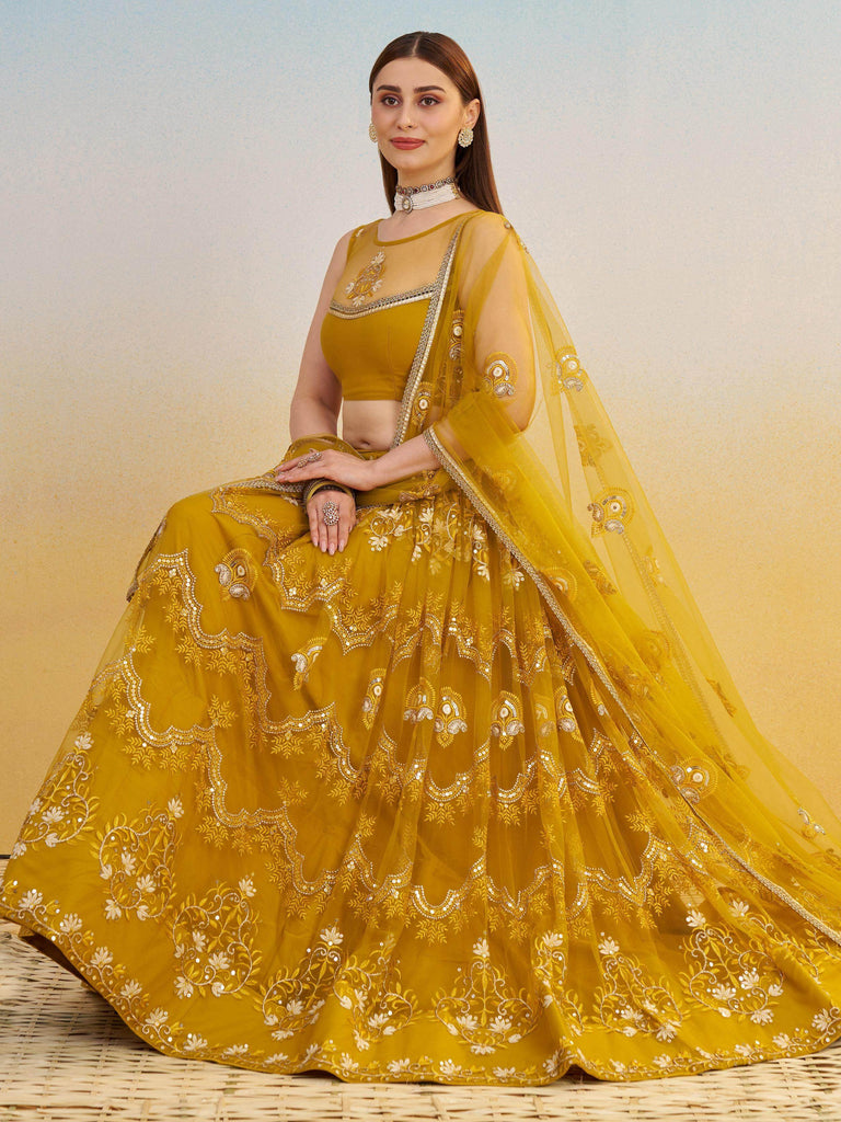 Sweet Mustard Yellow Thread Embroidered Net Haldi Wear Lehenga Choli