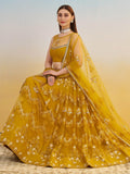 Sweet Mustard Yellow Thread Embroidered Net Haldi Wear Lehenga Choli