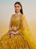 Sweet Mustard Yellow Thread Embroidered Net Haldi Wear Lehenga Choli