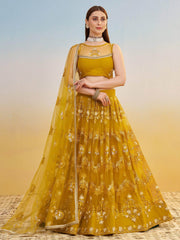Sweet Mustard Yellow Thread Embroidered Net Haldi Wear Lehenga Choli