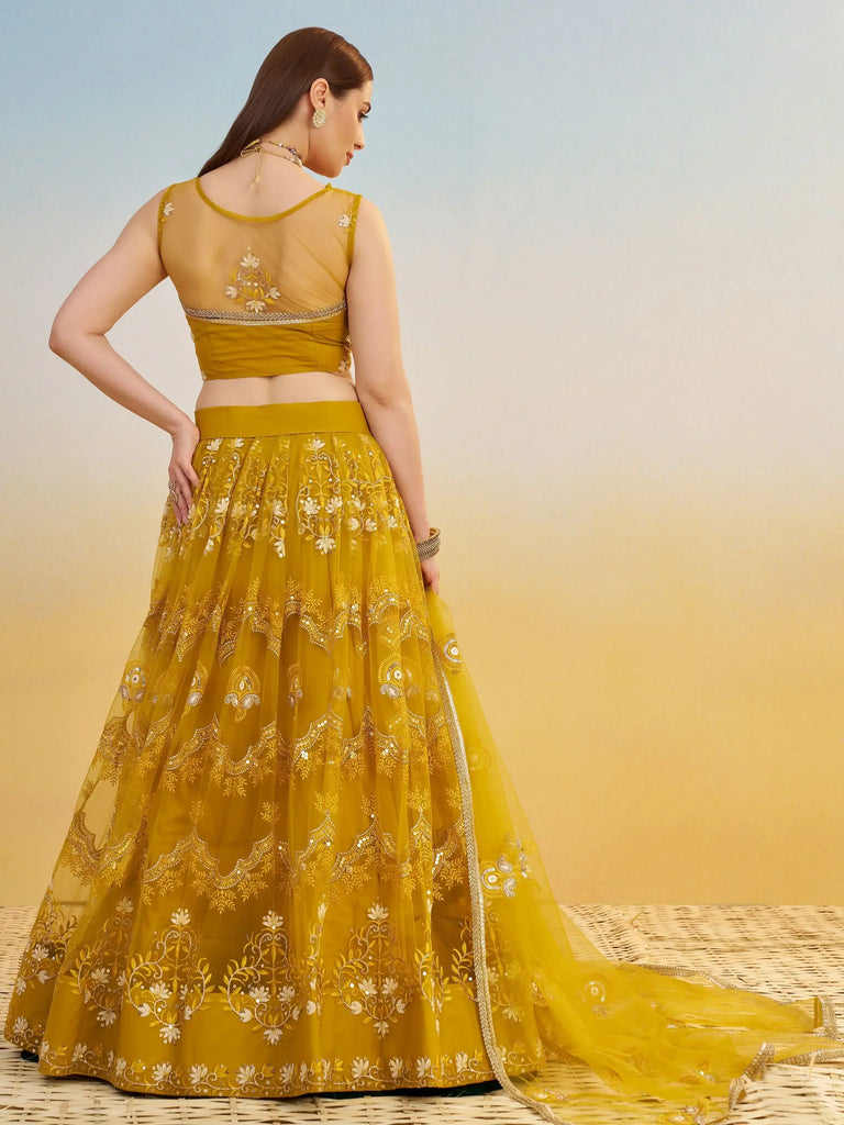 Sweet Mustard Yellow Thread Embroidered Net Haldi Wear Lehenga Choli