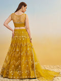 Sweet Mustard Yellow Thread Embroidered Net Haldi Wear Lehenga Choli