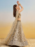 Alluring Brown Net Thread Embroidered Reception Wear Lehenga Choli