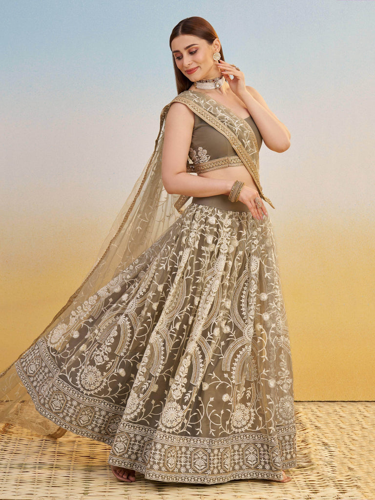 Alluring Brown Net Thread Embroidered Reception Wear Lehenga Choli