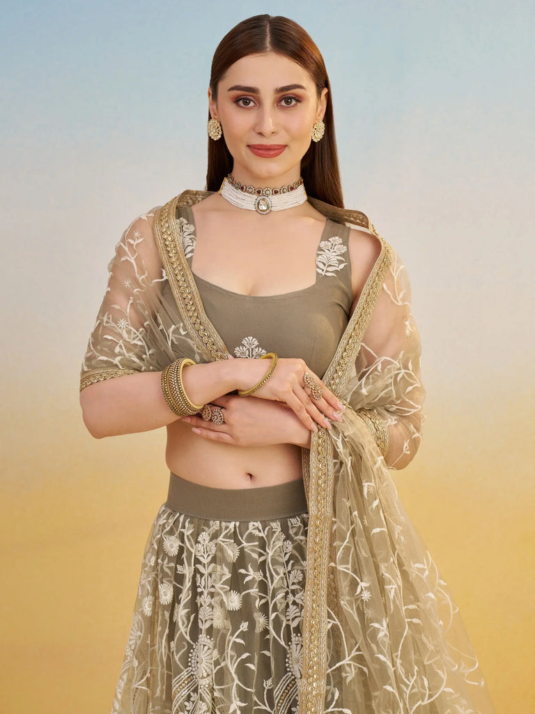 Alluring Brown Net Thread Embroidered Reception Wear Lehenga Choli
