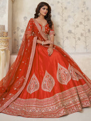 Fabulous Rust Orange Dori Work Silk Evening Wear Lehenga Choli With Dupatta
