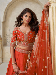 Fabulous Rust Orange Dori Work Silk Evening Wear Lehenga Choli With Dupatta