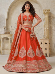 Fabulous Rust Orange Dori Work Silk Evening Wear Lehenga Choli With Dupatta