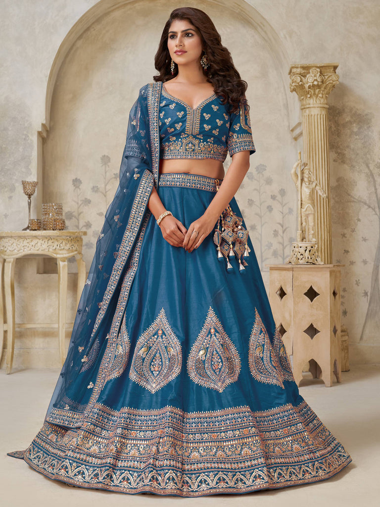 Wonderful Teal Blue Sequins Silk Bridesmaid Lehenga Choli With Dupatta