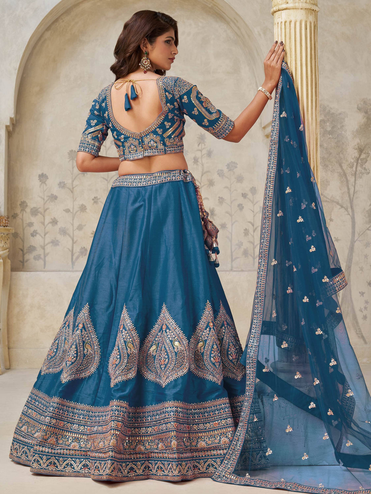 Blue embroidered lehenga choli with backless blouse and dupatta, Indian ethnic wear