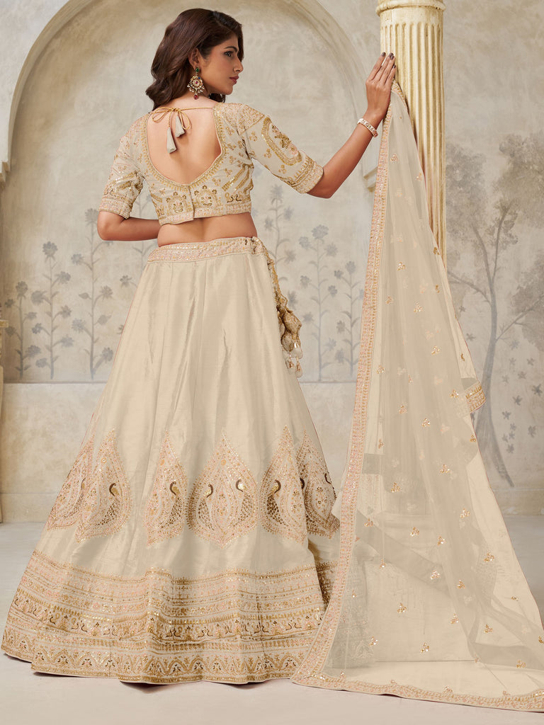 Stunning Beige Thread Work Silk Designer Lehenga Choli With Dupatta