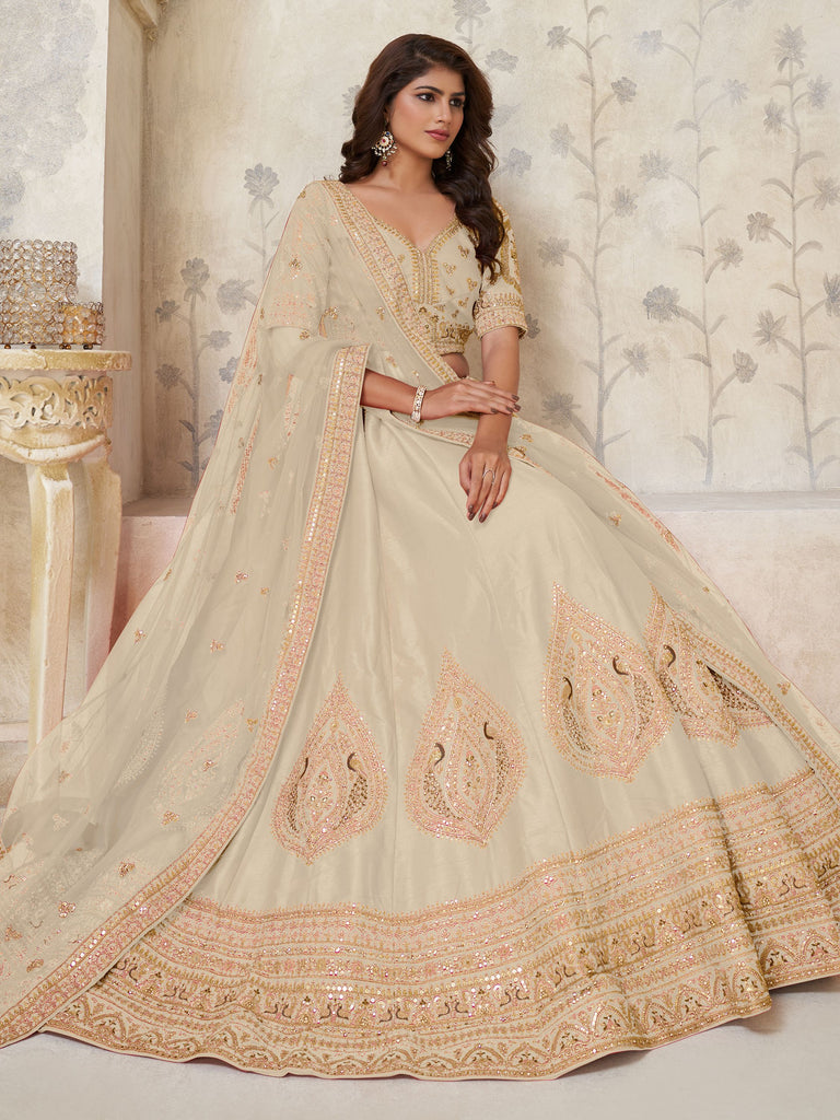 Stunning Beige Thread Work Silk Designer Lehenga Choli With Dupatta