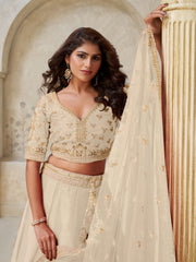 Stunning Beige Thread Work Silk Designer Lehenga Choli With Dupatta