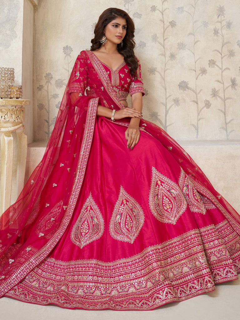 Astonishing Rani Pink Thread Work Silk Designer Lehenga Choli With Dupatta