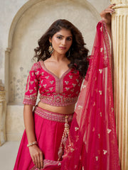 Astonishing Rani Pink Thread Work Silk Designer Lehenga Choli With Dupatta