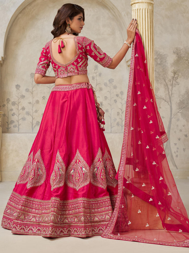 Astonishing Rani Pink Thread Work Silk Designer Lehenga Choli With Dupatta