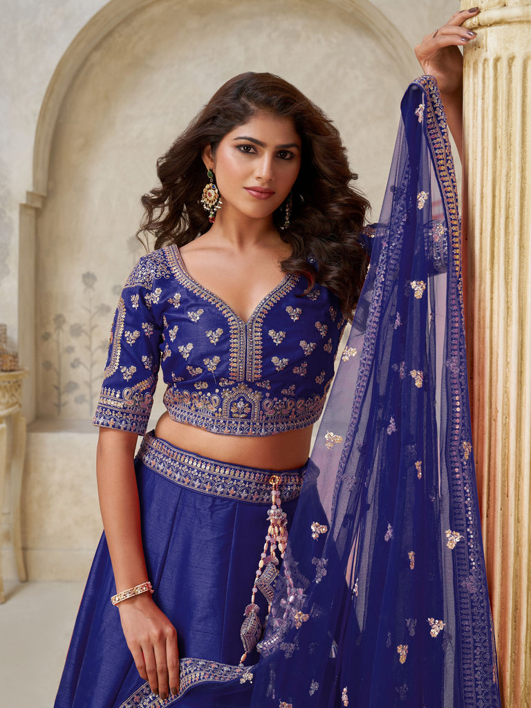 Awesome Royal Blue Zari Embroidered Silk Wedding Lehenga Choli