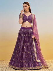 Rich Purple Net Embroidered Engagement Wear Lehenga Choli With Dupatta