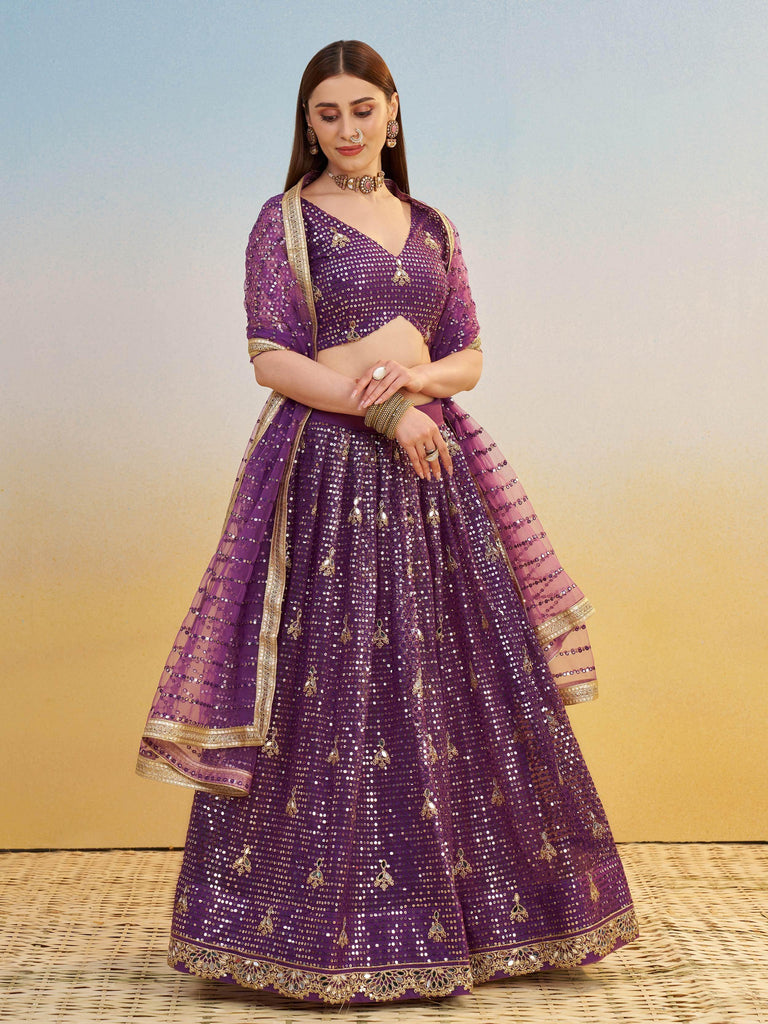 Rich Purple Net Embroidered Engagement Wear Lehenga Choli With Dupatta