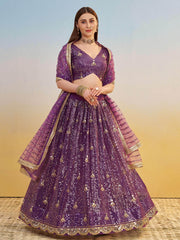 Rich Purple Net Embroidered Engagement Wear Lehenga Choli With Dupatta