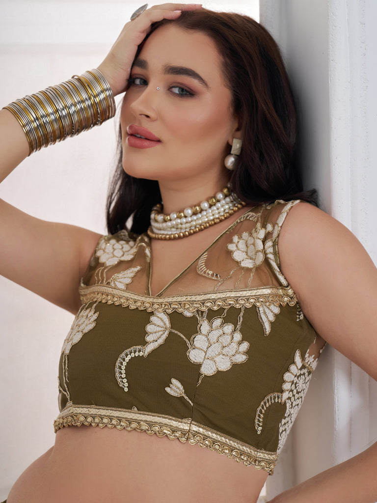 Alluring Olive Green Thread Work Net Mehendi Wear Lehenga Choli