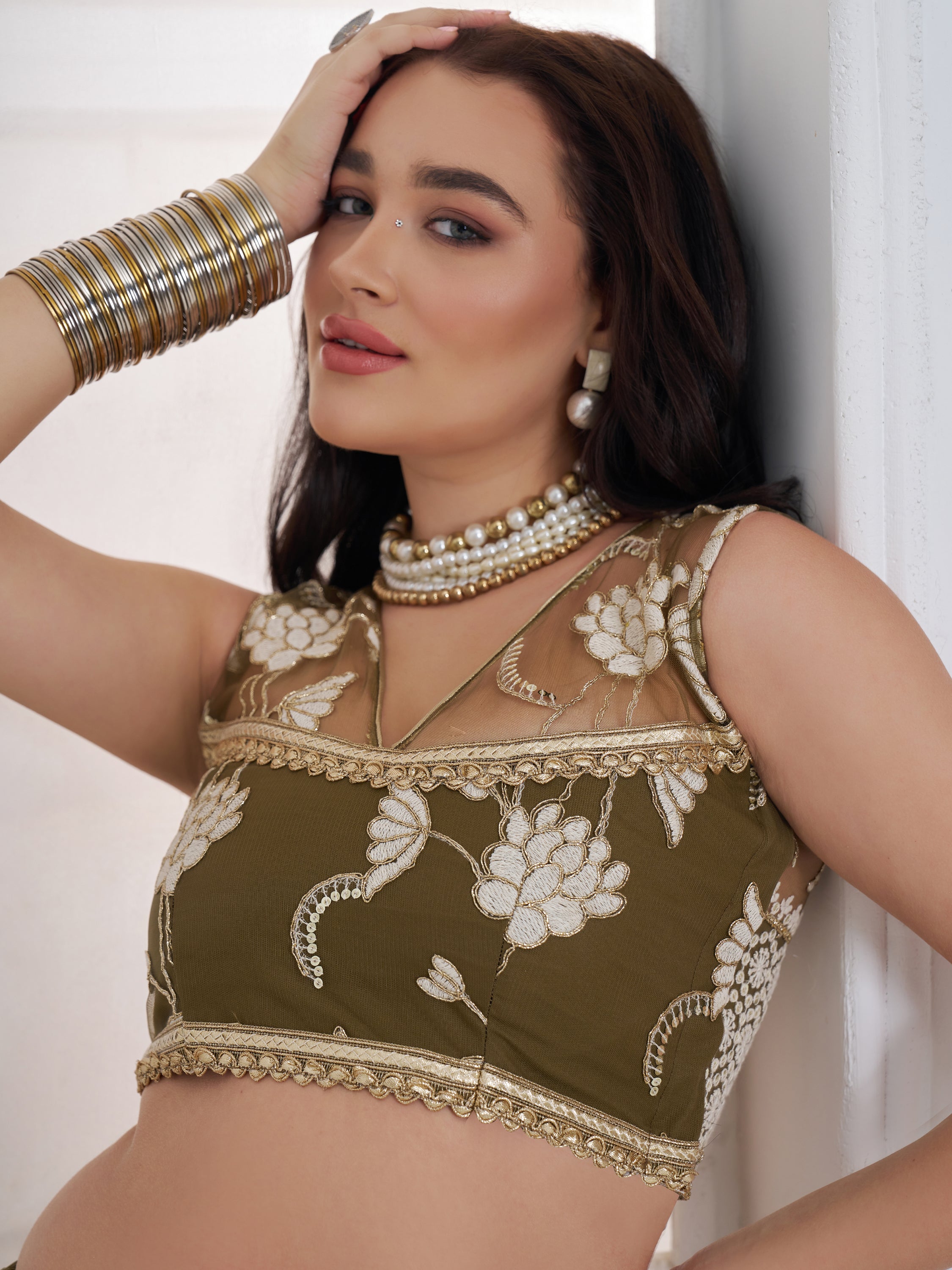 Alluring Olive Green Thread Work Net Mehendi Wear Lehenga Choli