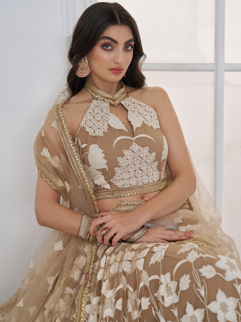 Dazzling Beige Embroidered Net Marriage Wear Lehenga With Blouse