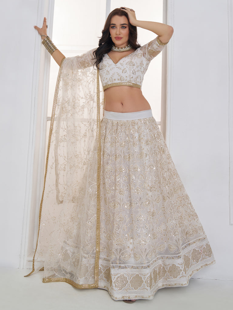 Fantastic White Sequins Net Bridesmaid Lehenga Choli With Dupatta