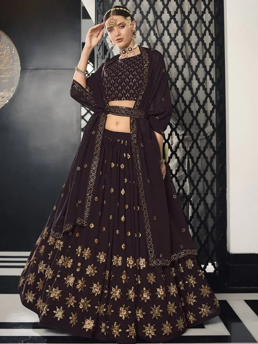 Wonderful Dark Purple Georgette Floral Sequins Bridesmaid Lehenga