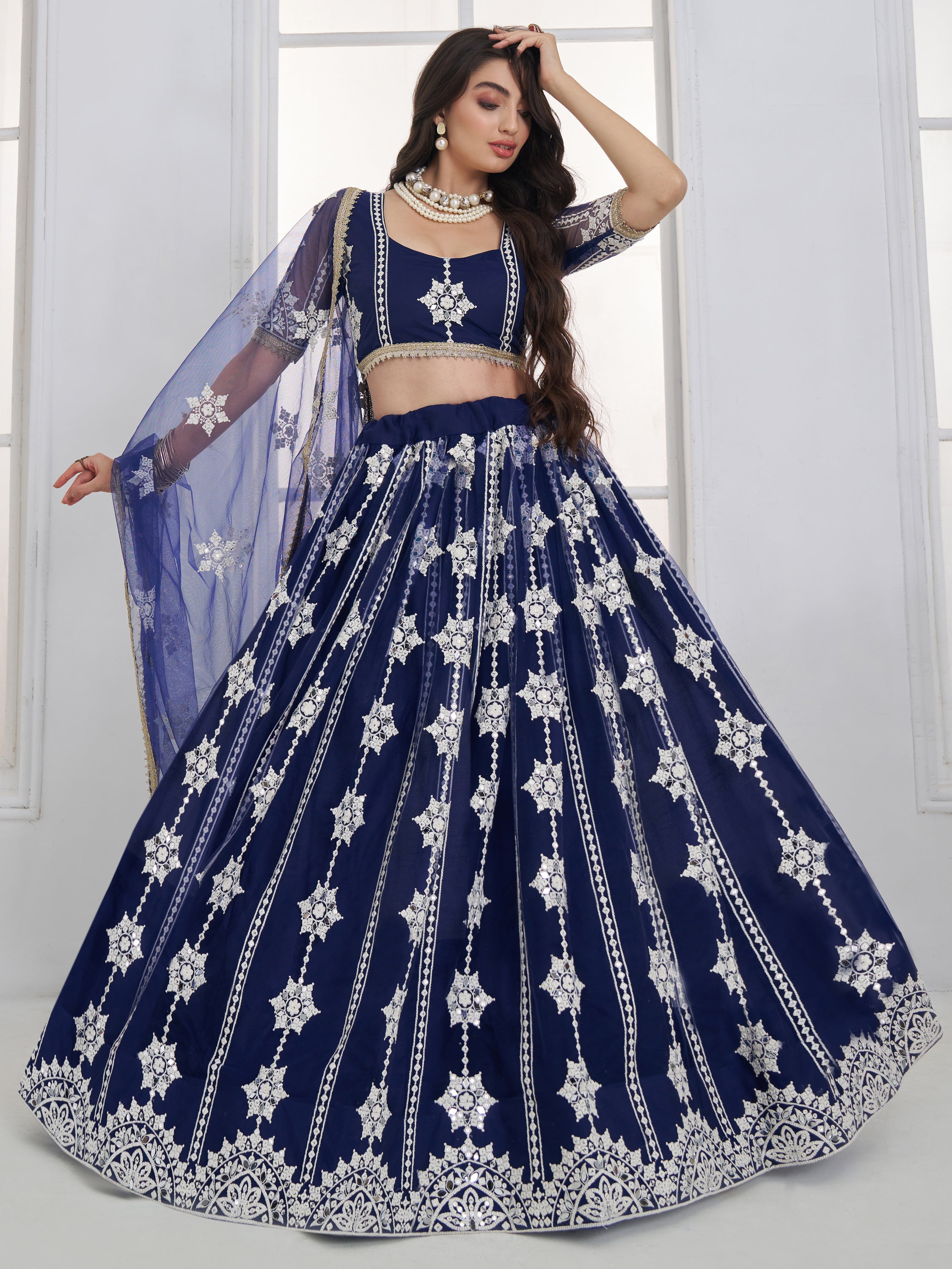 Charming Navy Blue Thread Embroidery Net Wedding Wear Lehenga Choli