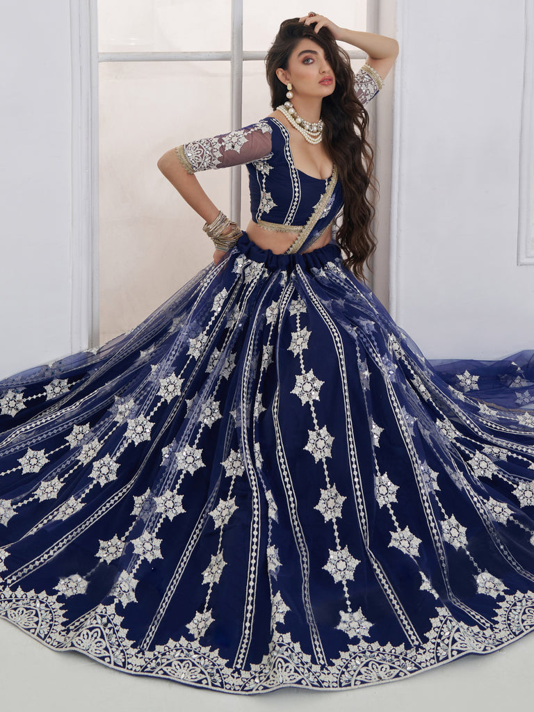 Charming Navy Blue Thread Embroidery Net Wedding Wear Lehenga Choli
