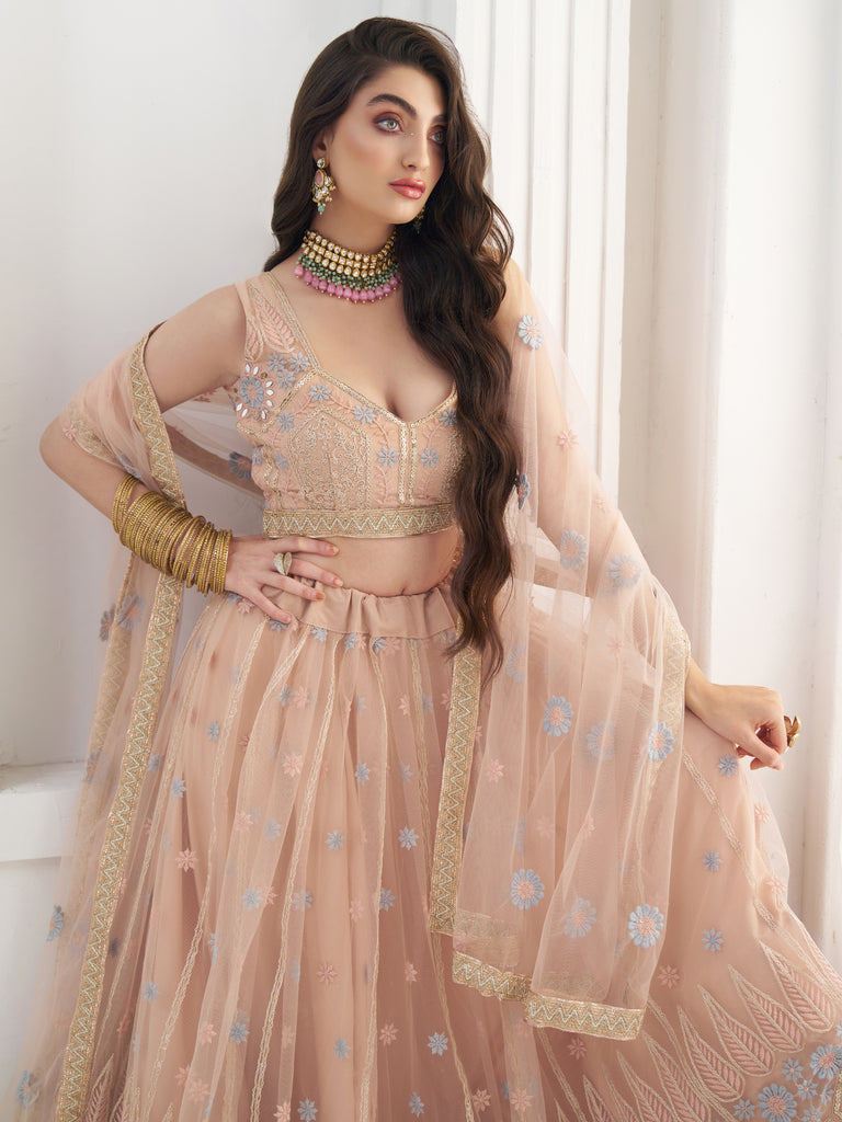 Lovable Peach Floral Embroidered Net Engagement Wear Lehenga Choli