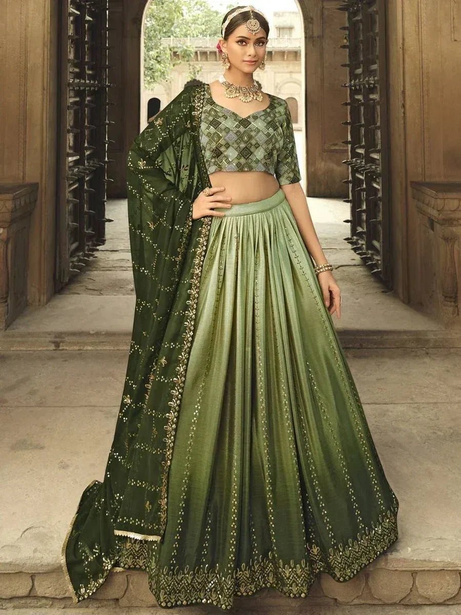 Green embroidered lehenga choli with dupatta, Indian ethnic wear for weddings and festivals