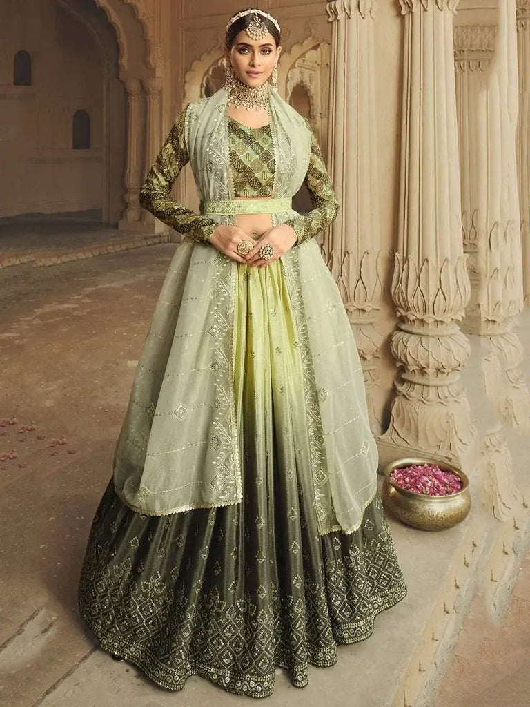 Outstanding Pista Green Shaded Sequins Lehenga With Embroidered Choli