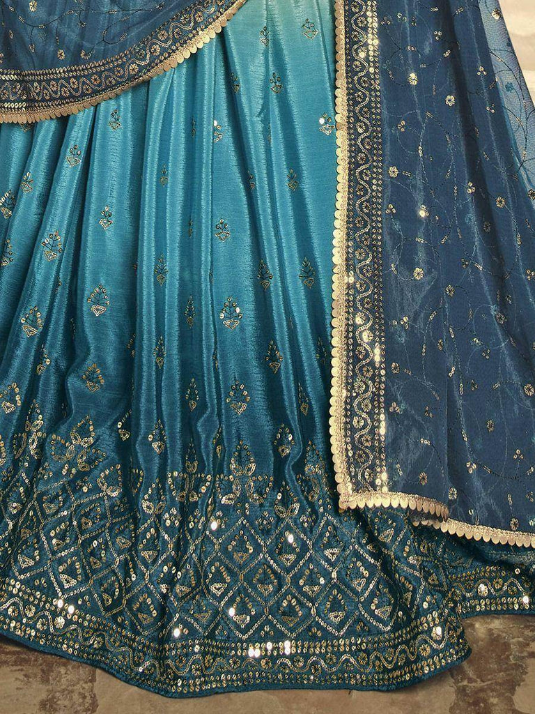Pleasing Teal Blue Shaded Sequins Silk Lehenga With Embroidered Choli