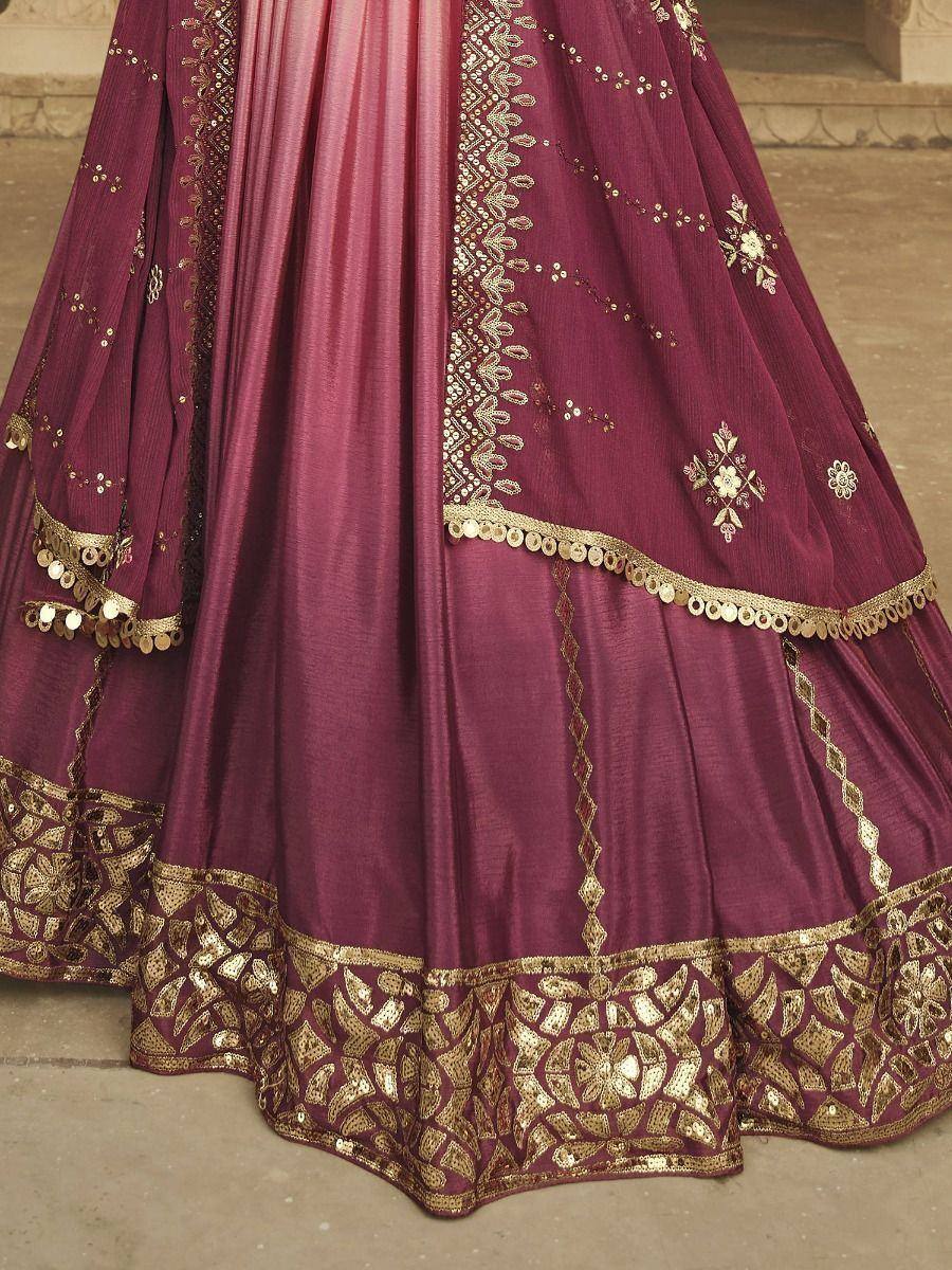 Maroon lehenga choli with gold embroidery and sequin detailing, ethnic Indian wear