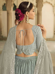 Alluring Grey-Teal Blue Shaded Sequins Silk Lehenga With Embroidered Choli