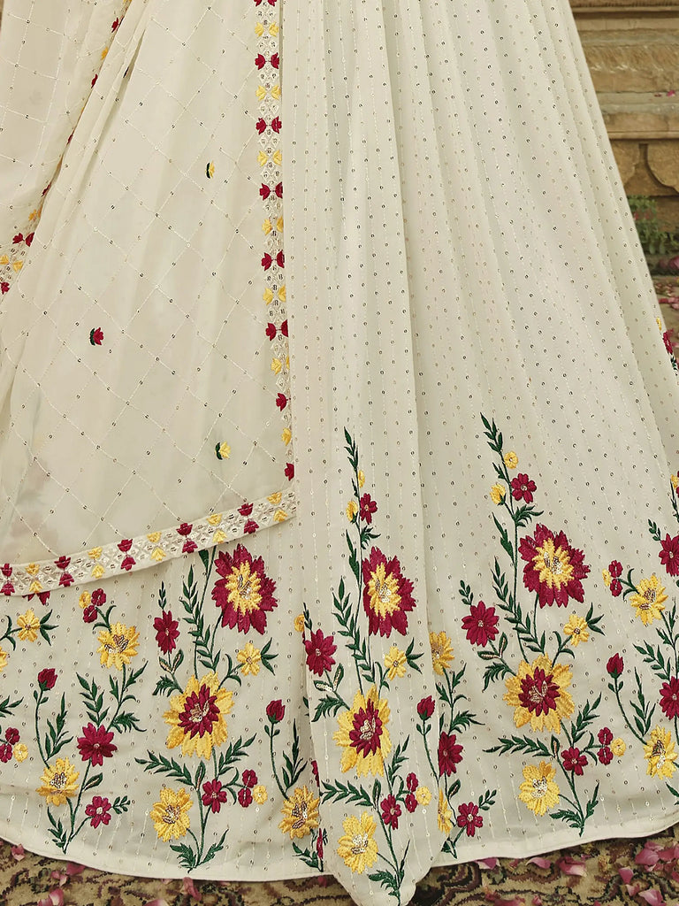 Wonderful Off White Sequins Embroidered Georgette Lehenga Choli